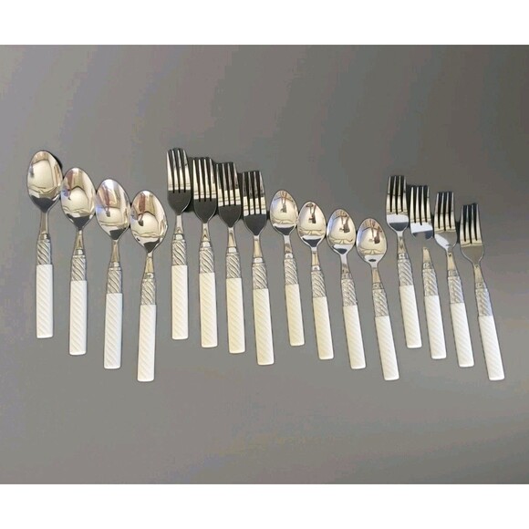 16ct Washington Forge Stainless Flatware Utensils White Plastic Swirl Handle Vtg - Picture 2 of 12